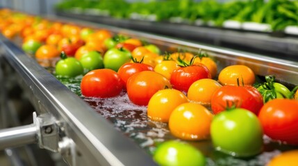 Freshly harvested tomatoes and peppers being washed in a processing facility, showcasing vibrant colors and cleanliness