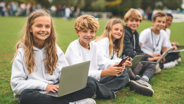 group of happy children sit in line on the green grass, engaged with their laptops, smartphones. The image captures modern approach to education, blending technology with outdoor learning, teamwork