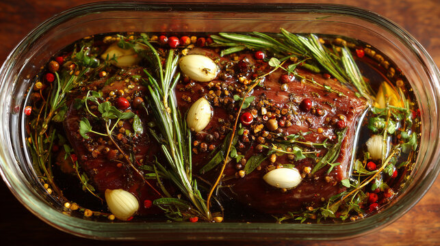 Marinating meat in herbs and spices