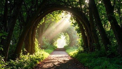 Sunlit path through a green tunnel