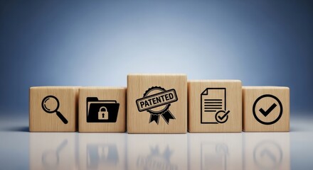 Wooden blocks with icons representing patent, legal protection, and intellectual property rights, symbolizing innovation and business security