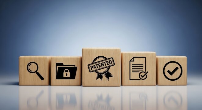 Wooden blocks with icons representing patent, legal protection, and intellectual property rights, symbolizing innovation and business security - Powered by Adobe
