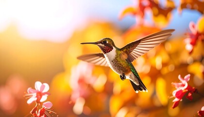 Naklejka premium Vibrant Hummingbird in Flight Amongst Blossoming Flowers