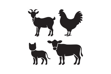 Farm animals silhouette collection featuring goat rooster cow and dog