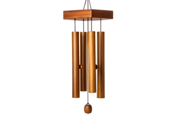 Elegant wooden wind chime with a modern geometric design. This abstract still life decoration hangs isolated for a peaceful, minimalist aesthetic.