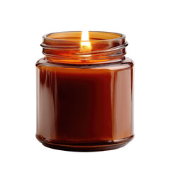 Amber glass jar candle, burning flame