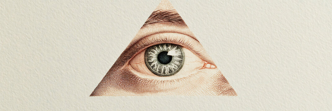 Eye in a Pyramid: An artistic graphic representation of an eye fitting within a triangular shape, creating a visually striking design on a textured background.