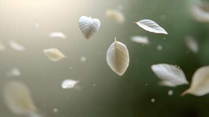 Floating Leaves: Capturing a moment of serene beauty, delicate leaves dance gracefully in mid-air, illuminated by soft, diffused light, a captivating spectacle of nature's elegance.