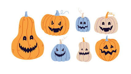Cute cartoon pumpkins with scary faces in various shapes and colors. Hand drawn flat style. Perfect for Halloween design, decor, and seasonal content.