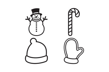 Hand drawn christmas icons including snowman candy cane hat and mitten