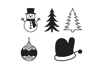 Christmas icons snowman trees mitten and ornament hand drawn style
