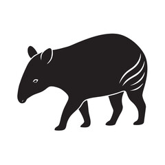 Black Silhouette of a Tapir Standing and Walking in a Side View Against a White Background