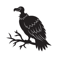Illustrative Silhouette of a Vulture Perched on a Branch in Vector Graphics Style