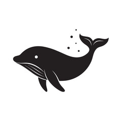 Simple Black Silhouette of a Whale Swimming with Bubbles Floating Upwards in the Ocean
