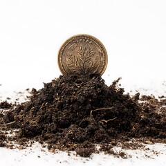 A coin with a tree design standing upright in a pile of dark rich soil on white ground