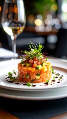 Layered salmon dish with avocado