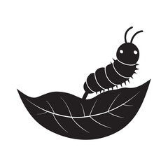 A Charming Black Silhouette of a Cute Caterpillar Resting on a Beautiful Leaf Vector Art