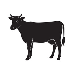 Detailed Black Silhouette of a Standing Dairy Cow Facing Left with a Long Tail and Horns