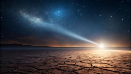 Surreal desert night landscape with galaxy stars and glowing horizon