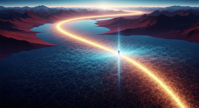 Man standing on a glowing path over water in a surreal landscape. Digital innovation and future technology concept. - Powered by Adobe