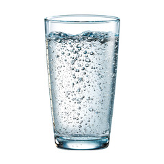 Clear glass filled with sparkling water and rising bubbles isolated on transparent background