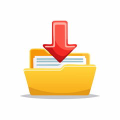 Download Symbol: Illustrative depiction of a download symbol represented by a red arrow pointing downwards into an open folder filled with documents.