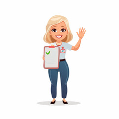 Friendly Representative with Clipboard: A cheerful lady, in a friendly gesture waves, holding a clipboard with a checkmark, showcasing the essence of helpfulness and expertise.