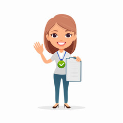 Confident and Cheerful Guide: A friendly female character enthusiastically holding up a clipboard, her smiling face a beacon of welcome. She is wearing casual clothing.