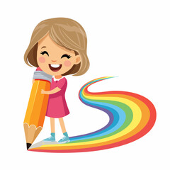 Artistic Dreams: A cheerful child, armed with a vibrant pencil, conjures a rainbow, expressing pure creativity and imagination. A colorful expression of the joy of drawing and imaginative creation.