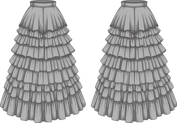 Long pleated skirt fashion flat with single and layered designs, technical illustration for women’s formal and casual skirt styles