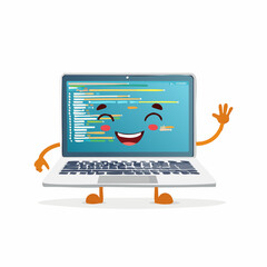 Friendly Laptop: This playful illustration features a cheerful laptop character with open coding, radiating positivity and digital charm.