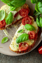 Hot open sandwiches with mozzarella, tomatoes and basil.