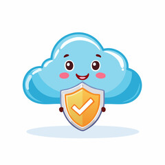 Cloud Security Illustration: A cheerful cartoon cloud, exuding warmth and trustworthiness, gleefully cradles a radiant shield.