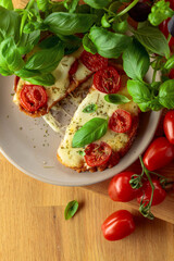 Hot open sandwiches with mozzarella, tomatoes and basil.