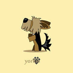 A cheerful cartoon image of a small dog of the Yorkshire terrier breed. Stylized puppy logo. Cute animal emotions.	
