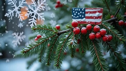 A snowy christmas tree branch with red berries and a small american flag decoration on it outdoors - Powered by Adobe