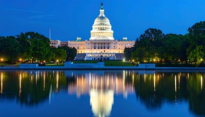 Capitol building at night, reflected in water