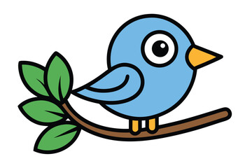 Cartoon bird sitting quietly on a natural tree branch