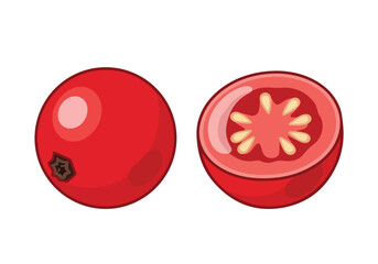 Whole red tomato and a half cut red tomato showing seeds and pulp isolated on a white background