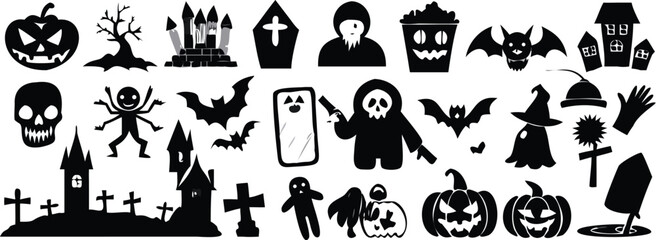 Naklejka premium Set of vector tree silhouettes with Halloween icons including pumpkin ghost bat witch and skull symbols
