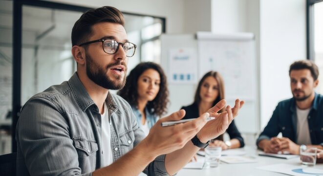 Man with glasses speaking and gesturing during a business meeting with colleagues listening attentively in the background