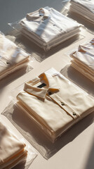 folded shirts in packaging on display 