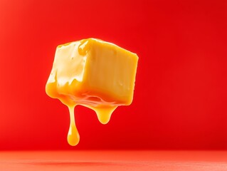 Golden caramel fudge cube with sweet syrup dripping against a vibrant red background