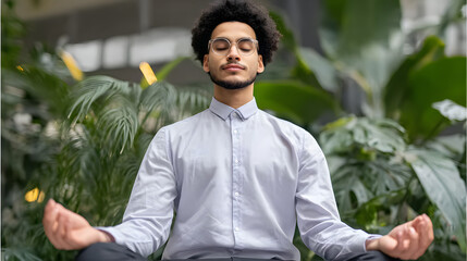 Young Black Man Meditating in Modern Office – Mental Health Self-Care and Deep Breathing Practice
