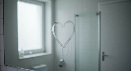 Heart symbol, drawn by finger on foggy blurred bathroom mirror. Love and care, cute messages for family members or kids. Kind atmosphere at home. St. Valentines Day morning. Soft focus