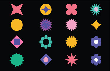 Geometric shapes pattern with flowers, stars, circles on black background
