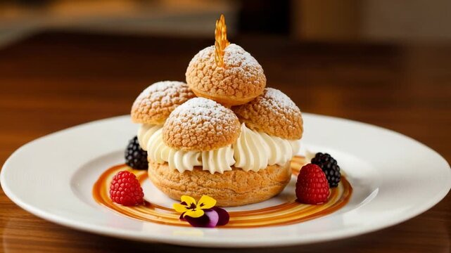 Gourmet religieuse pastry dessert with cream filling. Beautifully plated with fresh berries, edible flowers, and a caramel garnish on a white plate.