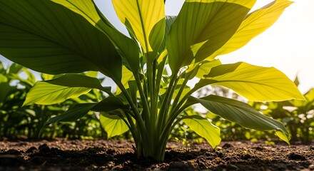 Vibrant Turmeric Plant Bursting with Life Under the Sun, A Close-Up View of Turmeric Leaves in a Field with Bright Sunlight