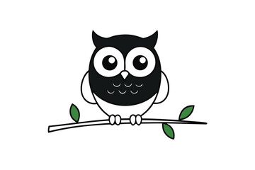 Chubby cartoon owl sitting quietly on a leafy tree branch