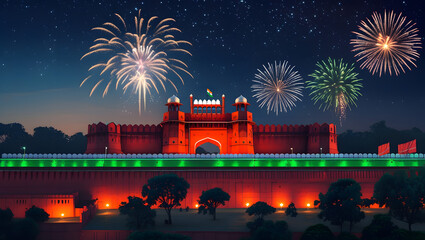Red fort Delhi Night view Indian Happy Independence day Red Fort with red color and Celebration Candle and lights state the water and river, fire cracker.